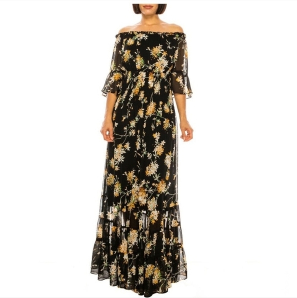 Premier Armour 3/4 Sleeve Off‎ the Shoulder Floral Maxi Dress Sz 10 Fairy Grunge
